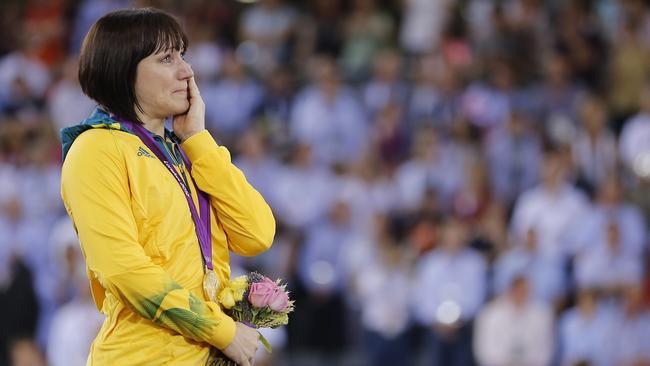 Anna Meares shows her emotion during the medal presentation at the London Olympics in 2012.