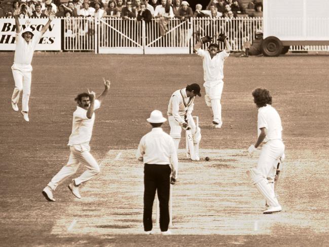 Dennis Lillee traps Alan Knott lbw to end the 1977 Centenary Test. Picture: Supplied