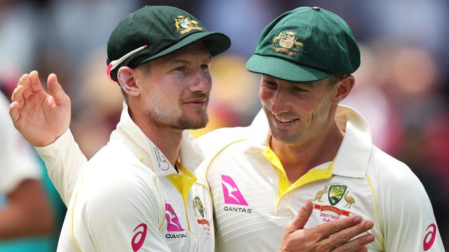 Australia's Cameron Bancroft and Shaun Marsh celebrate their Ashes victory.