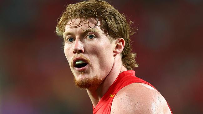 GOLD COAST, AUSTRALIA - MARCH 16: Matt Rowell of the Suns looks on during the round one AFL match between Gold Coast Suns and Adelaide Crows at People First Stadium, on March 16, 2024, in Gold Coast, Australia. (Photo by Chris Hyde/Getty Images)