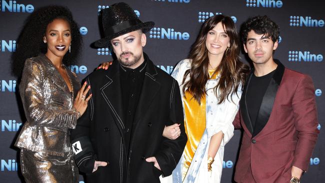 Kelly Rowland, Boy George, Delta Goodrem and Joe Jonas at the Nine All Stars Event in Sydney. Picture: Christian Gilles