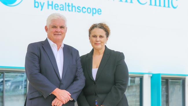 Healthscope CEO Steven Rubic and Darwin Private General manager Jo Seiler. Picture: Glenn Campbell