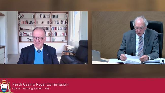 Incoming Crown Resorts chairman Dr Ziggy Switkowski, left, gives evidence to Commissioner Neville Owen of WA’s Royal Commission into Crown Resorts on Monday October 25.