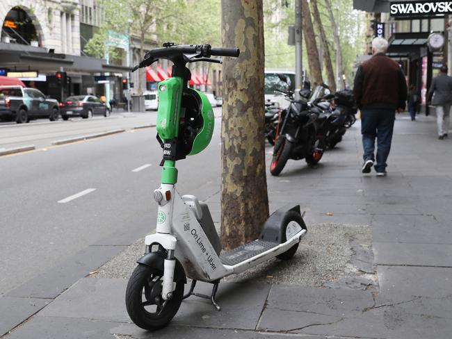 Only a few hire scooters remain on the streets of Melbourne CBD as the ban kicks in. Picture: David Crosling