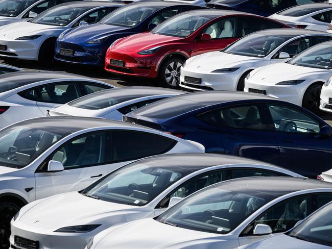 Rows of new Tesla cars in London. Picture: Leon Neal/Getty Images