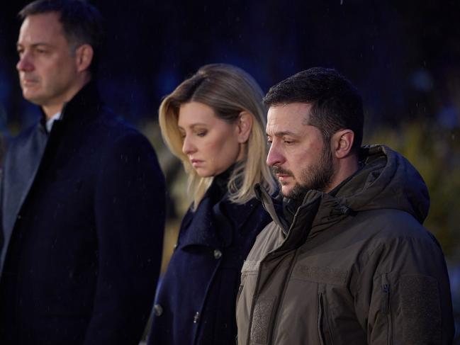 (From L) Belgian Prime Minister Alexander De Croo, Ukraine's First Lady Olena Zelenska and Ukrainian President Volodymyr Zelensky at a commemoration ceremony in Kyiv. Picture: AFP