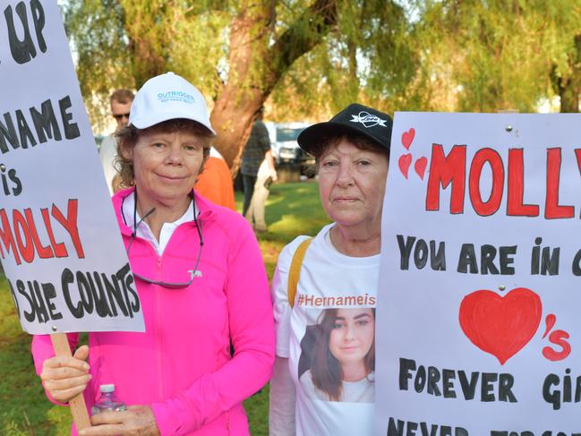 Lyndy Bokeyar and Debbie Brown were among Molly Ticehurst’s friends and family who marched in Forbes on Sunday to honour the young mother allegedly murdered by her ex-boyfriend. Picture: Dane Millerd