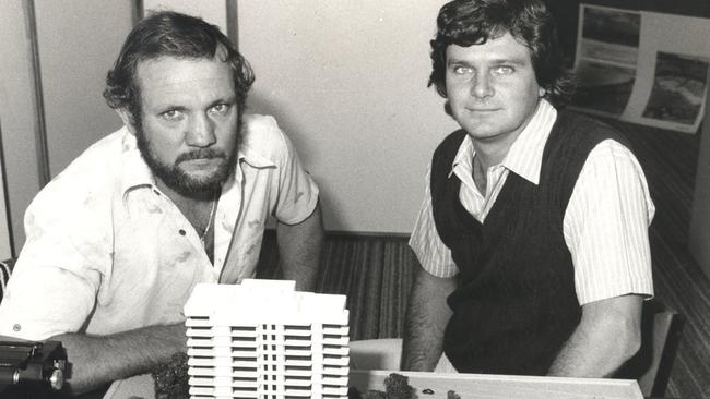 Ronald Payne and Bob Danton with the Pacific Towers model in 1981. Picture: Coffs Collections