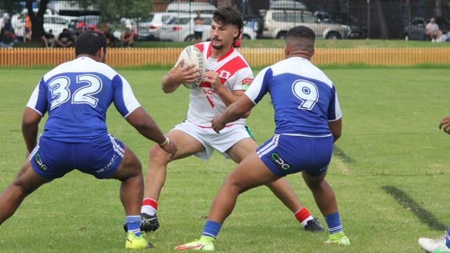 St George Dragons backrower Nicholas Tsougranis takes on the Bulldogs’ defence in the SG Ball, 2023. Picture: Dragons Media