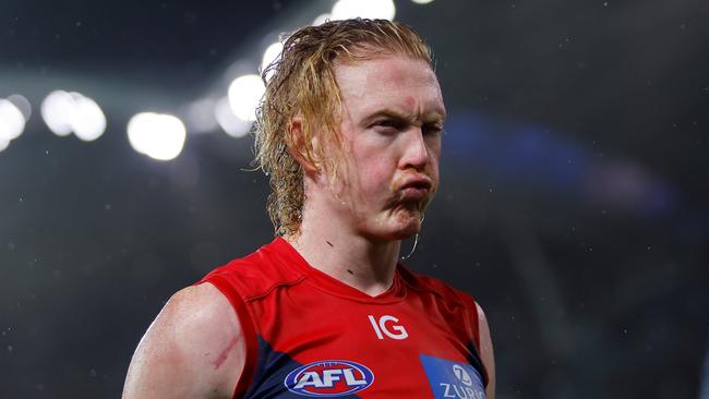 ADELAIDE, AUSTRALIA - APRIL 15: Clayton Oliver of the Demons leaves the field after a loss during the 2023 AFL Round 05 match between the Essendon Bombers and the Melbourne Demons at Adelaide Oval on April 15, 2023 in Adelaide, Australia. (Photo by Dylan Burns/AFL Photos via Getty Images)