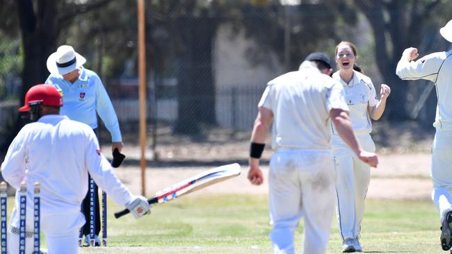 Australian women's cricketer Amanda Jade Wellington celebrating after claiming a wicket during Port Adelaide’s men's D grade on Saturday. Picture: AAP/Keryn Stevens