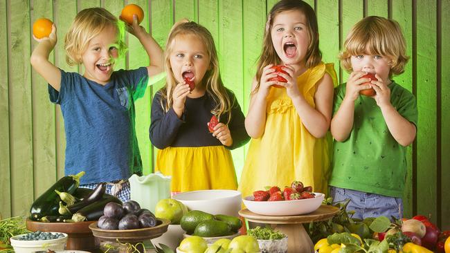 Teddy, Ariana, Pip and Kit tuck into colourful healthy food. Picture: Nathan Dyer