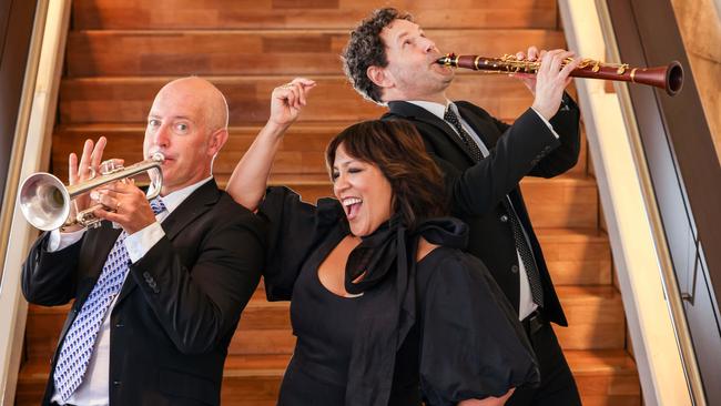 Kate Ceberano with Adelaide Symphony Orchestra members Martin Phillipson, left, on trumpet and Mitchell Berick, right, on clarinet, at the Adelaide Festival Theatre. Picture: Russell Millard Photography