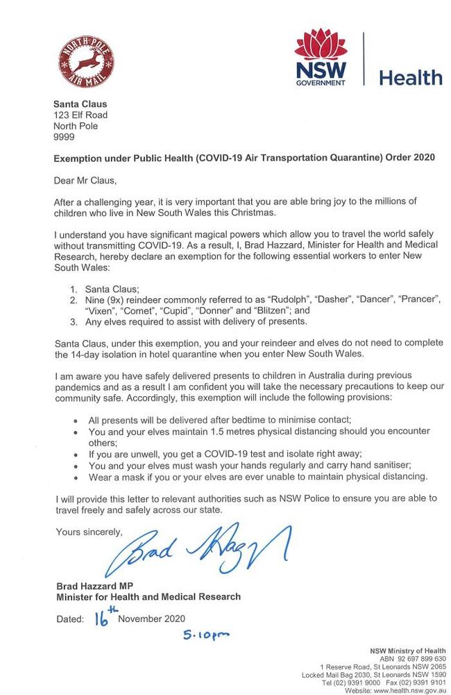 Health Minister Brad Hazzard’s letter to Santa Claus, giving him exemption to travel in NSW.