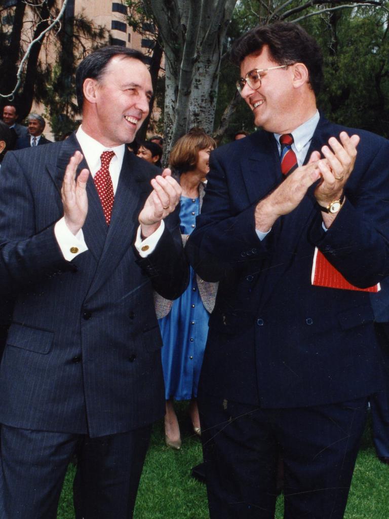 Former Prime Minister Paul Keating with former SA Premier Lynn Arnold on the banks of the Torrens River during the State election campaign in 1993. Picture: File