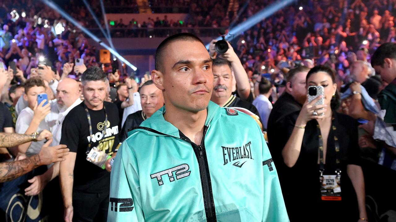 GOLD COAST, AUSTRALIA - OCTOBER 15: Tim Tszyu does his walk to the ring before the WBO super-welterweight world title bout between Tim Tszyu and Brian Mendoza at Gold Coast Convention and Exhibition Centre on October 15, 2023 in Gold Coast, Australia. (Photo by Bradley Kanaris/Getty Images)