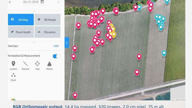 The RGB Orthomosaic output that allows farmers to detect weeds in their crops. The farmer can then direct the spray drone to target these specific locations. Picture: Picture: Department of Agriculture and Fisheries.