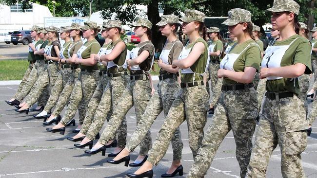 Ukrainian female soldiers wearing heels while taking part in a military parade rehearsal in Kiev.