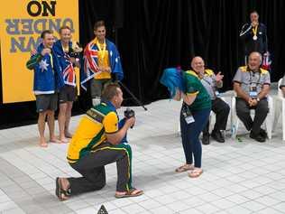 INVICTUS GAMES PROPOSAL: Former Mullumbimby veteran Dean Knobel proposed to his girlfriend Rachael Wilson moments after his team took gold in the Mixed 4x50m Freestyle Relay. Picture: CPL Jake Sims