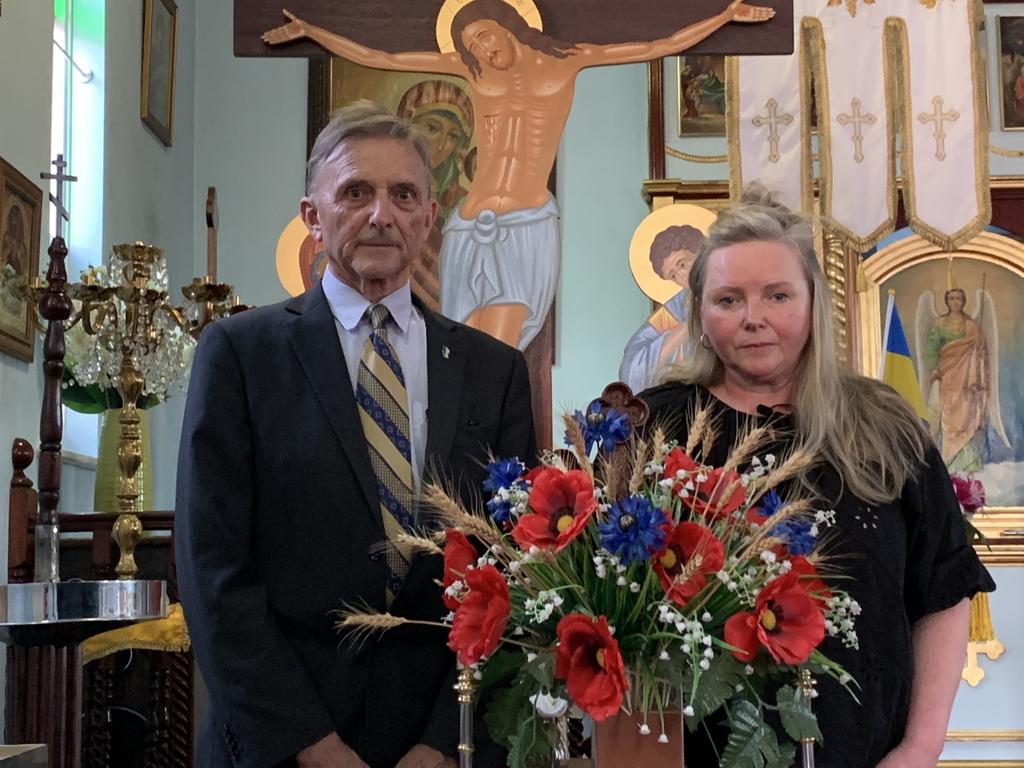 Association of Ukrainians in South Australia president Frank Fursenko and Ukrainian expat Svitlana inside the church hall. Picture: George Yankovich