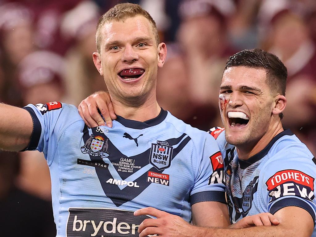 TOWNSVILLE, AUSTRALIA - JUNE 09: Tom Trbojevic of the Blues and Nathan Cleary of the Blues celebrate after scoring a try during game one of the 2021 State of Origin series between the New South Wales Blues and the Queensland Maroons at Queensland Country Bank Stadium on June 09, 2021 in Townsville, Australia. (Photo by Mark Kolbe/Getty Images)