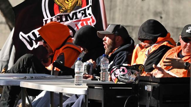 CFMEU members recently protesting across the road from the entrance to the Cross River Rail site in Roma St Brisbane. Picture: Lyndon Mechielsen/Courier-Mail