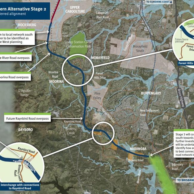 A map of stage two of the Bruce Highway Western Alternative route, a 16 kilometre stretch from Caboolture River Road to Narangba. Picture: TMR