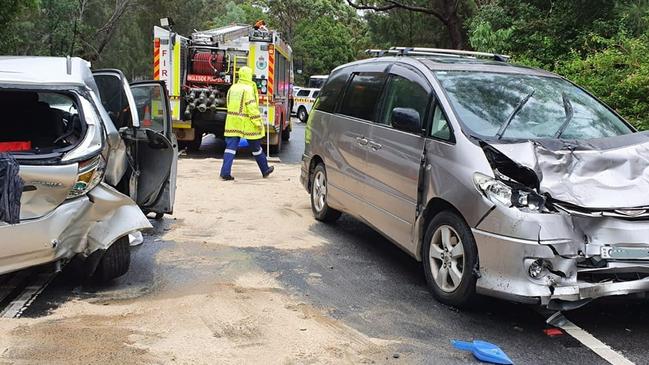 A road widening upgrade of the Wakehurst Parkway could help prevent head-on collisions such as this accident on Saturday afternoon, which left three people injured. Picture: Rural Fire Service (Ingleside)