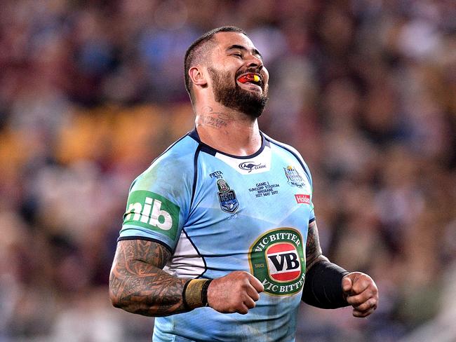 BRISBANE, AUSTRALIA - MAY 31:  Andrew Fifita of the Blues smiles at the crowd after scoring a try during game one of the State Of Origin series between the Queensland Maroons and the New South Wales Blues at Suncorp Stadium on May 31, 2017 in Brisbane, Australia.  (Photo by Bradley Kanaris/Getty Images)