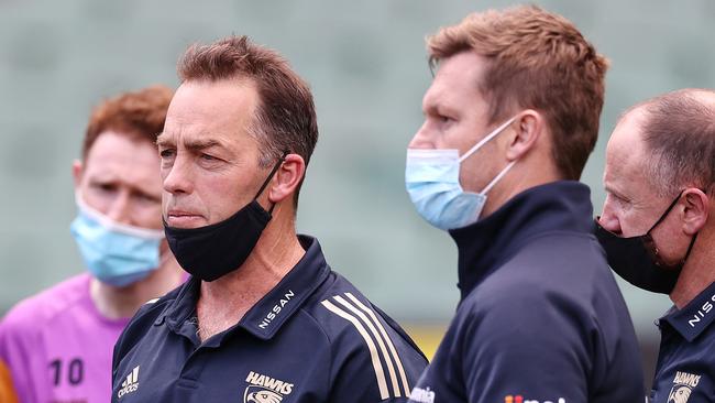 Sam Mitchell (right) working with former coach Alastair Clarkson. Picture: Michael Klein