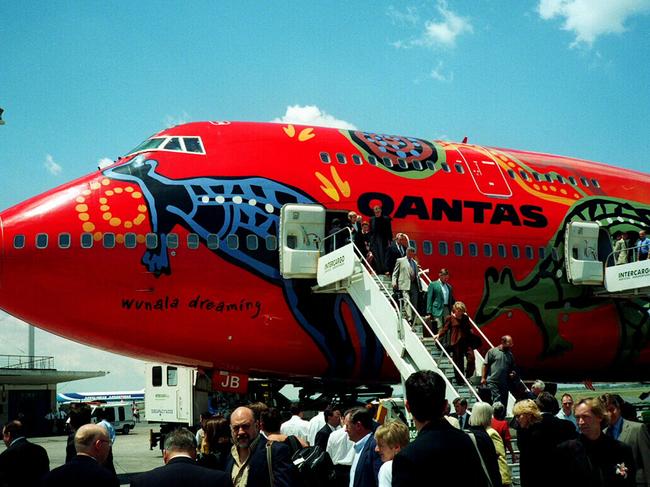 Colourfully decorated with Aboriginal art, a Qantas Boeing 747-400 jet "Wunala Dreaming" at Buenos Aires airport in December 1998. Picture: Steve Creedy