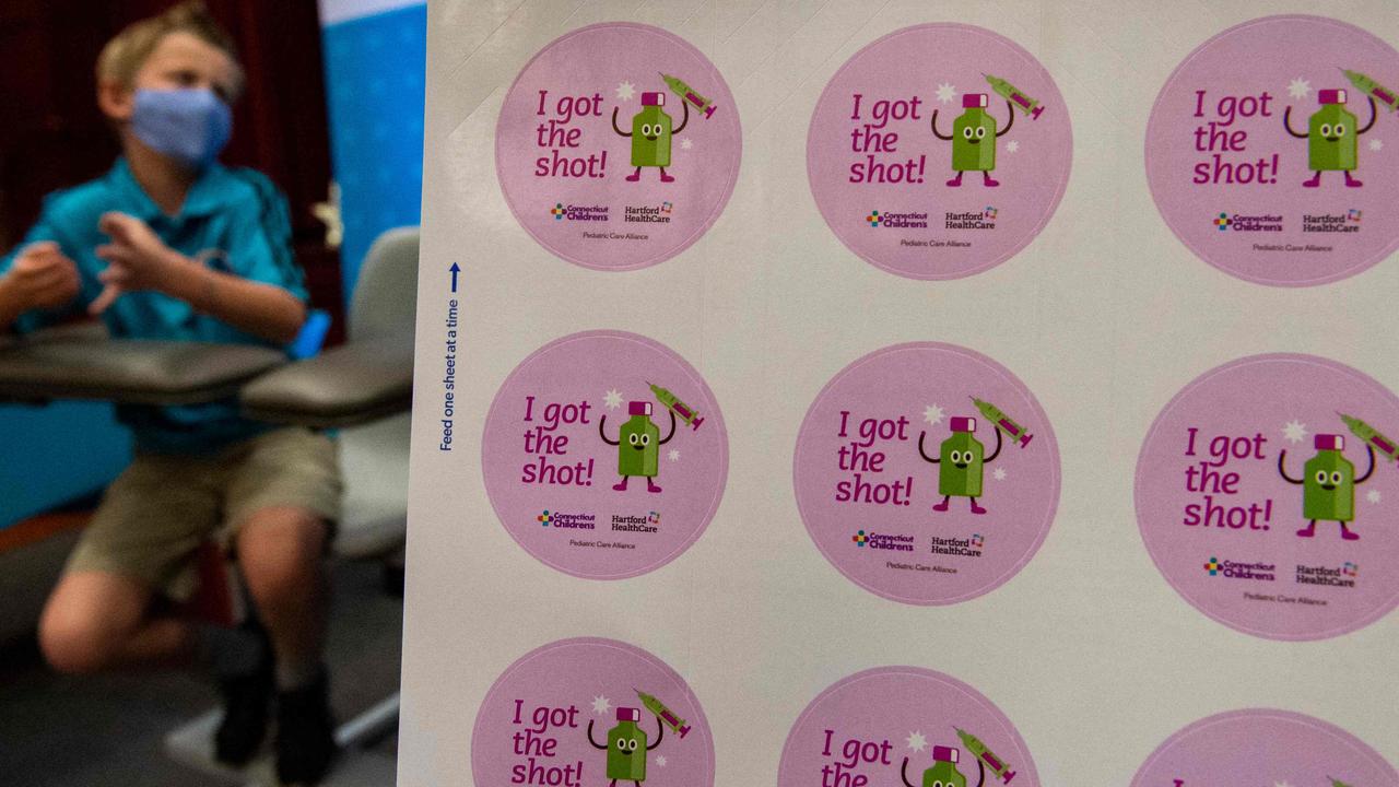 Stickers for children are seen ahead of full approval from the CDC for children to receive the Pfizer-BioNTech Covid vaccine. Picture: Joseph Prezioso/AFP