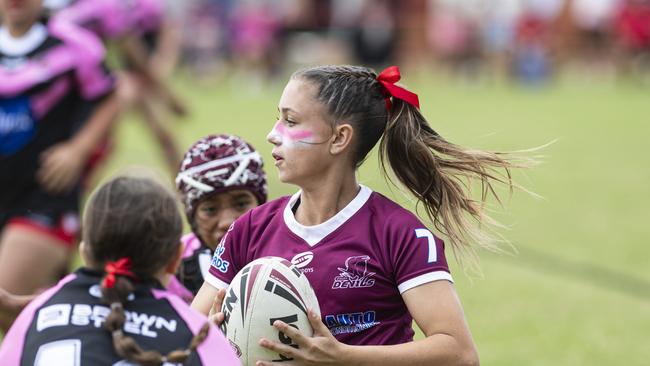 Allie Parker-Egel finds a gap before crossing for a Dalby try against Valleys in the Walker Weekend Challenge at John McDonald Sports Complex. Picture: Kevin Farmer