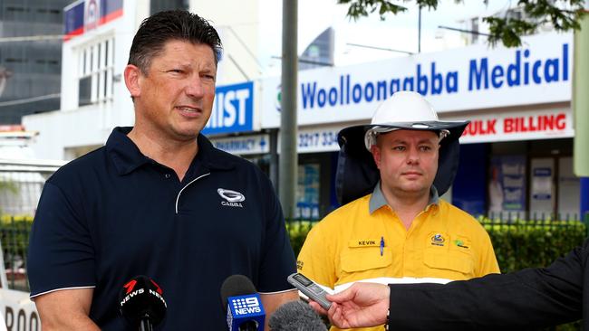 Mark Zundans from the Gabba with Kevin Lavender from Energex. Picture: David Clark