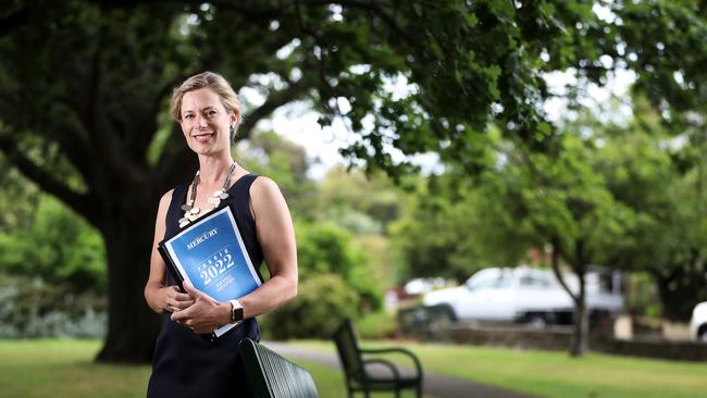 Opposition Leader Rebecca White with The Mercury's 2022 survey results. Picture: LUKE BOWDEN