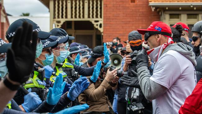 Protesters face off with police in Richmond on September 18. Picture: NCA NewsWire/Sarah Matray