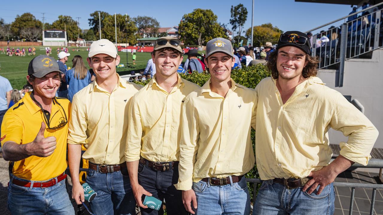 Goondiwindi Emu supporters (from left) Hugh Klein, Josh Sankey, Caleb Braden, James Wilkie and Elih Morgan on Downs Rugby grand final day at Toowoomba Sports Ground, Saturday, August 24, 2024. Picture: Kevin Farmer