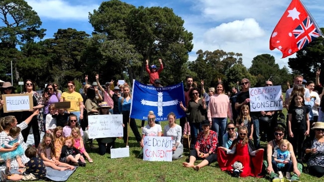 Protesters gathered at Geelong's Eastern Gardens for a picnic on Sunday. Picture: Georgia Holloway