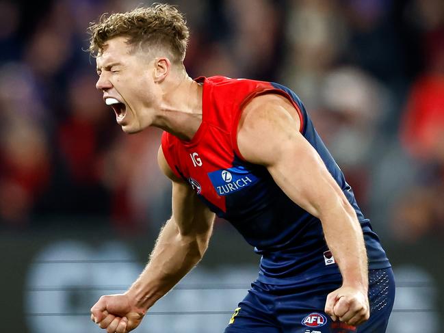 MELBOURNE, AUSTRALIA - JULY 14: Jake Melksham of the Demons reacts after the final siren during the 2023 AFL Round 18 match between the Melbourne Demons and the Brisbane Lions at the Melbourne Cricket Ground on July 14, 2023 in Melbourne, Australia. (Photo by Dylan Burns/AFL Photos via Getty Images)