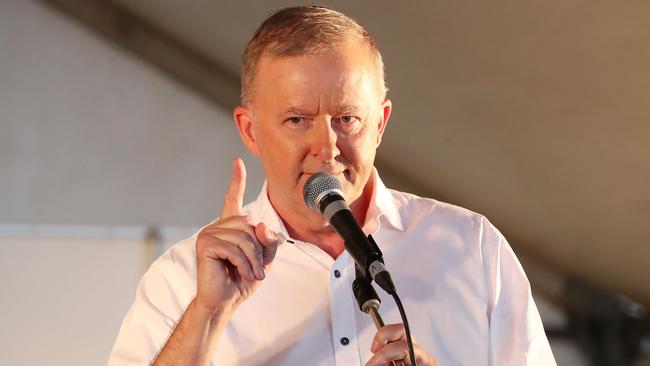 Anthony Albanese on stage at the Labour Day March, in Brisbane. Picture: News Corp