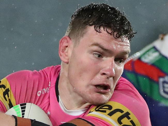 GOSFORD, AUSTRALIA - AUGUST 14: Liam Martin of the Panthers charges forward during the round 14 NRL match between the New Zealand Warriors and the Penrith Panthers at Central Coast Stadium on August 14, 2020 in Gosford, Australia. (Photo by Cameron Spencer/Getty Images)