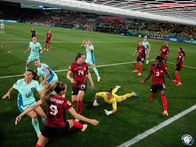 Hayley Raso scores her second goal as Australia took control of their clash with Canada. Picture: Robert Cianflone/Getty Images