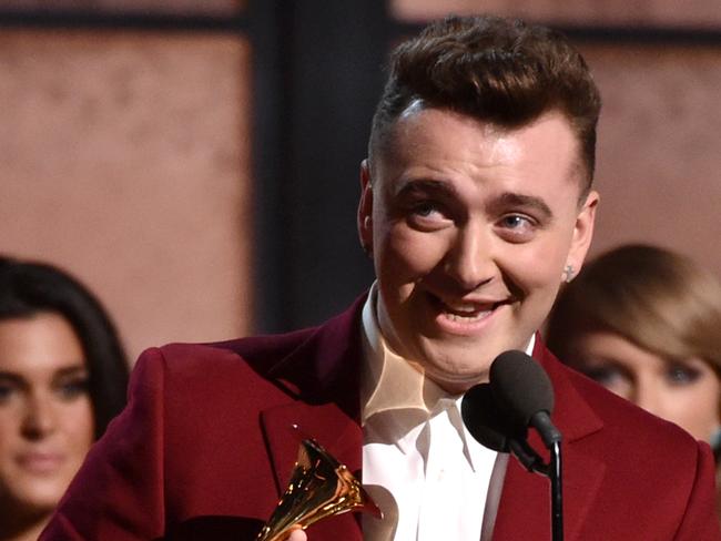 Celebrating his first of four awards ... Sam Smith accepts the Best New Artist award. Picture: Kevork Djansezian/Getty Images/AFP