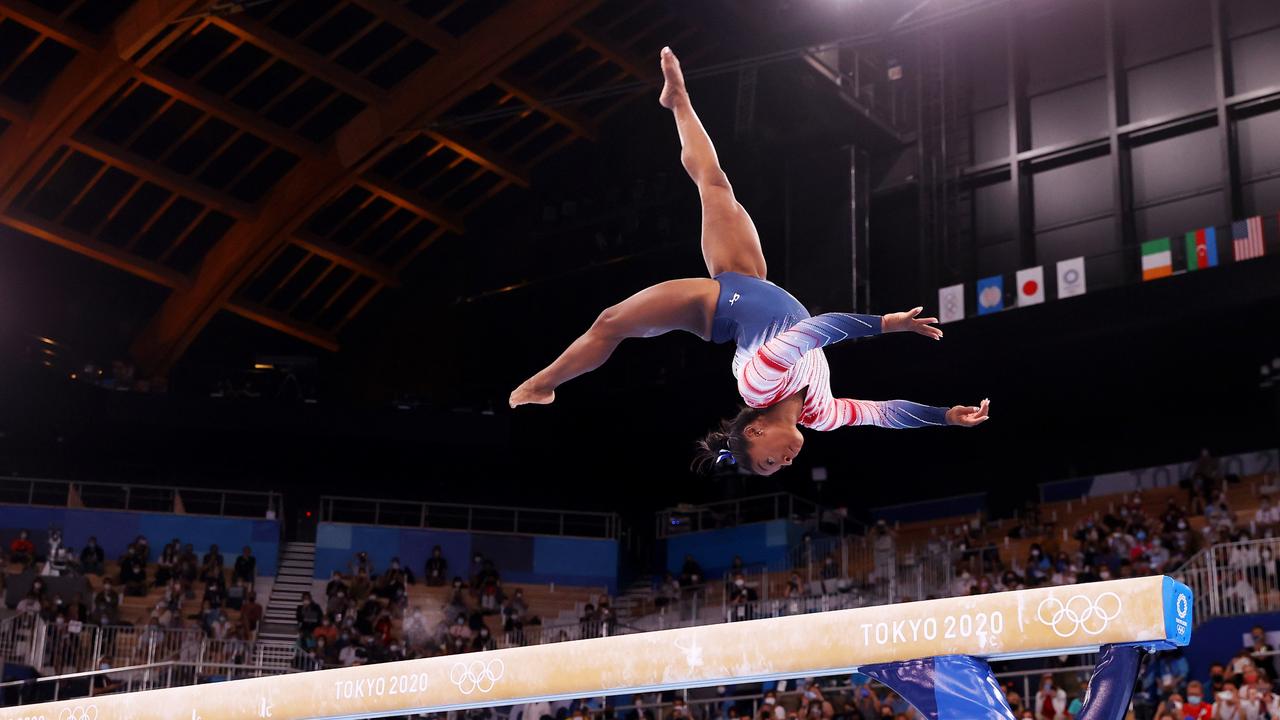 Biles competing in the balance beam final. Picture: Laurence Griffiths/Getty Images
