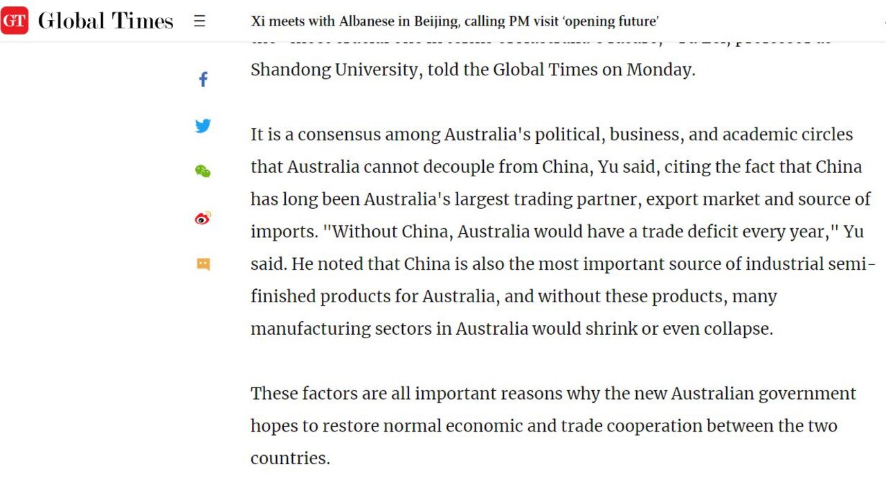 A Chinese professor said without China, Australia would have a permanent trade deficit. Picture: The Global Times