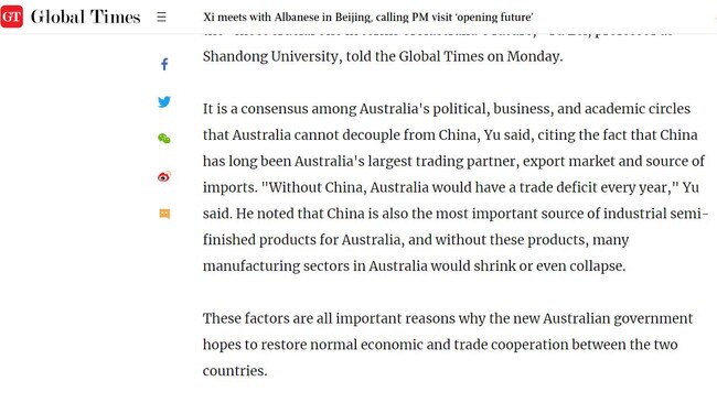 A Chinese professor said without China, Australia would have a permanent trade deficit. Picture: The Global Times