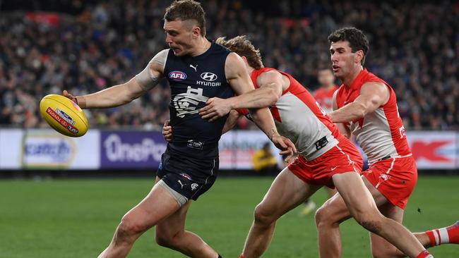 Patrick Cripps is playing with protection on his ribs. (Photo by Quinn Rooney/Getty Images)