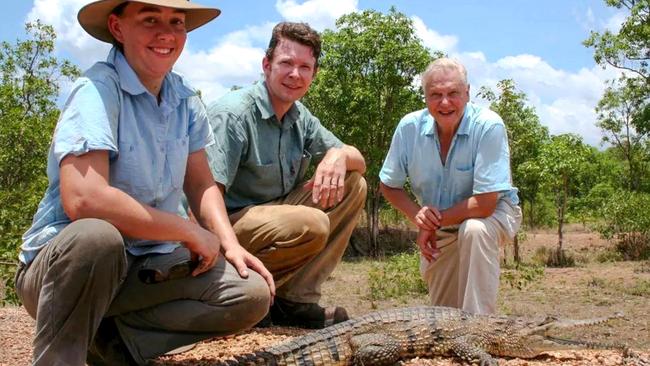 Dog attacker Adam Britton, centre, in a BBC picture with environmentalist David Attenborough.