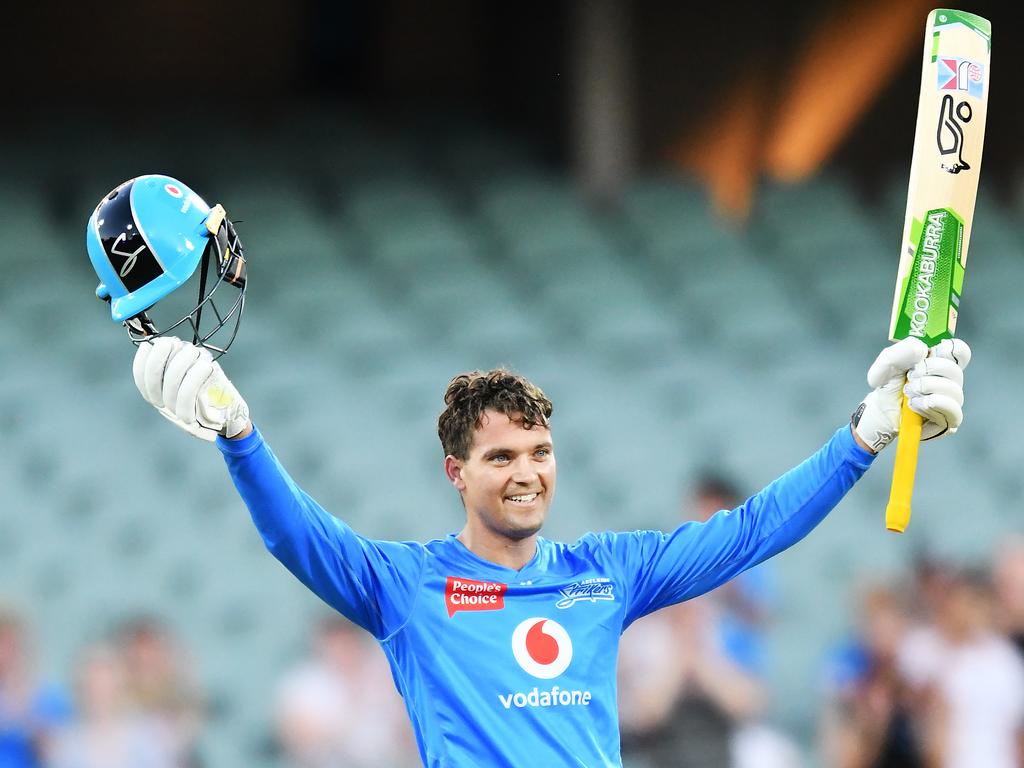 Strikers star Alex Carey celebrates his century against the Brisbane Heat. Picture: Mark Brake/Getty Images