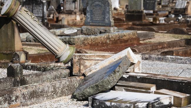 Vandals damaged or destroyed more than 300 graves at Toowoomba's Drayton Cemetery. Picture: Kevin Farmer